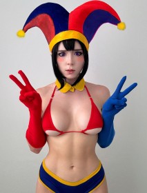 bikini top,caucasien,cheveux brun,cosplay,debout,double v,femme,gants,non-nude,pomni,seins moyens,sweetie fox,the amazing digital circus,v,yeux violet