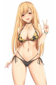 bikini,cheveux blond,choker,cleavage,cuisses,fille anime,frange,gros seins,kitagawa marin,my dress up darling,non-nude,ongles longs,sourire,très long cheveux,v,vernis mains,yeux rouge