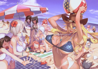 5 filles ou plus,à la plage,bikini,bronzée,chapeau,cheveux argenté,cheveux blond,clin d'oeil,dehors,fille anime,gros seins,groupe de filles,hamakaze (kancolle),iowa (kancolle),kantai collection,marque de bronzage,non-nude,oeil fermé,pupille coeur,pupille symbole,seins rebondissants,sourire,underboob