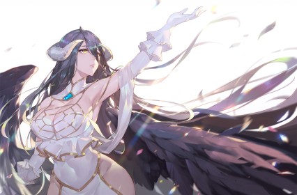 ailes,albedo (overlord),cheveux brun,cleavage,cornes,fille anime,gants,gants de coude,gros seins,hanches larges,mèche entre les yeux,non-nude,overlord,succube,yeux jaune