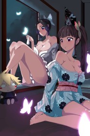 2 filles,accessoire de cheveux,assis,cleavage,demon slayer,fille anime,frange,gros seins,grosses cuisses,groupe de filles,habits japonais,jambes,kimono,kochou shinobu,non-nude,ornement en papillon,papillon,pieds nus,queue de cheval,queue de cheval de coté,rougeur,tsuyuri kanao,yeux violet