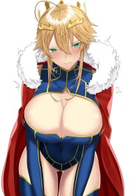 ahoge,artoria pendragon,bas,cape,cheveux blond,cleavage,col roulé,embarrassé,fate (series),fille anime,goutte de sueur,gros seins,leotard,mèche entre les yeux,non-nude,tremblements,yeux vert