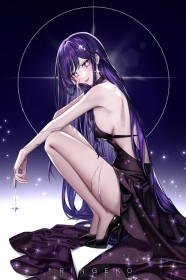 purple hair,anime girls,bangs,hoshino ai,legs,non-nude,oshi no ko,star-shaped pupils,symbol shaped pupils,dress,sideboob,smile,squatting,high heels,purple eyes