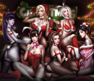 5 filles ou plus,à genou,accessoire de cheveux,ashe (overwatch),barrette,bas,bas de lingerie,bikini,blizzard entertainment,bonnet,bonnet de noel,bras levés,brigitte,casque audio,chapeau,cheveux blanc,cheveux blond,cheveux brun,cheveux chatain,cheveux court,cheveux violet,cleavage,costume de lapin,cravate,cuisses,cul,d.va,doigt sur la bouche,fausses oreilles animaux,fille anime,frange,gants,genderswap,gros seins,groupe de filles,habits japonais,hanzo,kimono,leotard,liang xing,mercy,noel,noeud papillon,non-nude,overwatch,regarde derrière,vernis mains,widowmaker,yeux bleu,yeux rouge