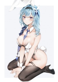 à genou,accessoire de cheveux,bandeau,bas,cheveux bleu,cleavage,costume de lapin,cravate,cuisses,entre les seins,eula (genshin impact),fausses oreilles animaux,fille anime,frange,genshin impact,gros seins,leotard,non-nude,queue,rougeur,talon aiguille