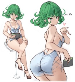 sitting,short hair,green hair,thighs,ass,anime girls,legs,crossed legs,multiple views,non-nude,one punch man,small tits,rakeemspoon,looking back,dress,high heels,tatsumaki (one punch man)