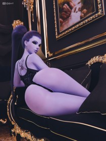 3d,61cent,blizzard entertainment,canape,cheveux violet,cuisses,cul,fille anime,gros cul,leotard,lingerie,non-nude,overwatch,peau violette,queue de cheval,regarde derrière,string,tatouage,tétons,widowmaker