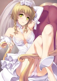 amane suzuha,sitting,cameltoe,blonde hair,short hair,cleavage,panties,twin braids,anime girls,gloves,elbow gloves,legs,crossed legs,non-nude,dress,blush,smile,steins gate,high heels,braid,green eyes