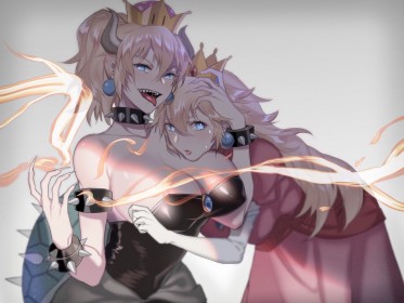 2 filles,bowsette,cheveux blond,cleavage,collier,collier à piques,cornes,couronne,dents pointues,fille anime,gros seins,groupe de filles,habits brillants,leotard,mario (series),nintendo,non-nude,ongles longs,princesse,princesse peach,robe,sourire,tire la langue,yeux bleu