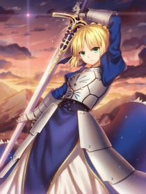 ahoge,arme,armure,artoria pendragon,cheveux blond,debout,épée,fate (series),fille anime,non-nude,robe,yeux vert