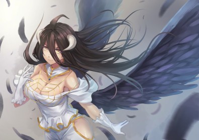 ailes,albedo (overlord),cheveux brun,cleavage,cornes,demon,fille anime,fille demon,gants,gros seins,mèche entre les yeux,non-nude,overlord,sourire,succube,yeux jaune