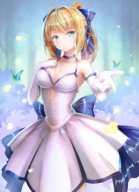 accessoire de cheveux,ahoge,artoria pendragon,cheveux blond,choker,debout,fate (series),fille anime,frange,gants,gants de coude,noeud à cheveux,non-nude,robe,ruban à cheveux,sourire,yeux vert