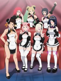 5 filles ou plus,accessoire de cheveux,bas,cheveux blond,cheveux rose,cheveux rouge,clin d'oeil,double chignon,fille anime,groupe de filles,haruno sakura,hyuuga hinata,ino yamanaka,jambes,maid,naruto (series),noeud à cheveux,non-nude,oeil fermé,queue de cheval,shizune,sourire,tablier,temari (naruto),tenten,v