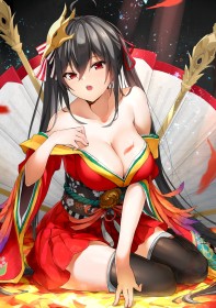 accessoire de cheveux,ahoge,assis,azur lane,bas,cheveux brun,cleavage,fille anime,frange,gros seins,habits japonais,kimono,mèche entre les yeux,non-nude,taihou (azur lane),yeux rouge