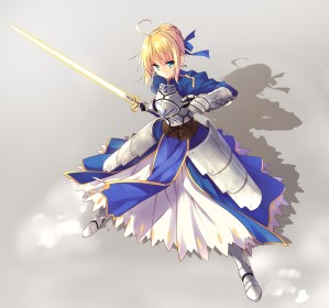 ahoge,arme,armure,artoria pendragon,cheveux blond,épée,fate (series),fille anime,non-nude,position de combat,robe,yeux bleu