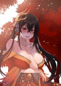 accessoire de cheveux,ahoge,azur lane,cheveux brun,cleavage,couette,dehors,entre les seins,fille anime,frange,gros seins,habits japonais,kimono,mèche entre les yeux,non-nude,sourire,taihou (azur lane),yeux rouge