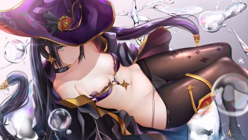 chapeau,cheveux brun,choker,collant,collant baissé,couette,culotte,culotte sous collant,fille anime,genshin impact,mona (genshin impact),non-nude,petits seins,yeux vert