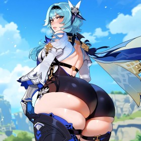 accessoire de cheveux,bandeau,bas,botte,botte longue,cheveux bleu,cuisses,cul,debout,dehors,eula (genshin impact),fille anime,floox,gants,genshin impact,gros cul,grosses cuisses,ia art,non-nude,regarde derrière,rougeur