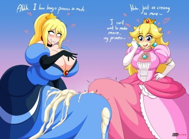 2 futas,ahegao,bave,cheveux blond,cleavage,comic,couronne,crossover,futa only,futanari,gants,gros seins,hanches larges,mario (series),mèche entre les yeux,metroid,nintendo,penis,penis gigantesque,princesse peach,queue de cheval,robe,salive,samus aran,seins énormes,sourire,sperme,texte,tire la langue,yeux bleu,yeux révulsés