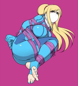 bound,gag,bdsm,arms behind back,blonde hair,angry,bodysuit,rope,ass,toes,submissive female,anime girls,big tits,shiny clothes,latex,metroid,nintendo,non-nude,feet,barefoot,ponytail,samus aran,breast squeeze,submission,on side,nail polish,toenail polish,blue eyes