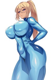 cheveux blond,combinaison,courbée,cuisses,cul,debout,fille anime,gros seins,grosses cuisses,habits brillants,hanches larges,latex,mains sur les hanches,metroid,nintendo,non-nude,queue de cheval,samus aran,seins énormes,yeux bleu