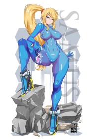 arme,cameltoe,cheveux blond,combinaison,courbée,cuisses,debout,fille anime,gros seins,grosses cuisses,habits brillants,hanches larges,latex,metroid,nintendo,non-nude,pistolet,queue de cheval,samus aran,talon aiguille,yeux bleu