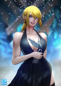 cheveux blond,cleavage,debout,fille anime,metroid,nintendo,non-nude,queue de cheval,robe,samus aran,seins moyens,sourire,yeux bleu