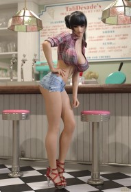 3d,black hair,short hair,hair bun,cleavage,full body,thighs,dead or alive,standing,anime girls,bangs,big tits,crop top,legs,long legs,hand on hip,non-nude,nyotengu,pants,restaurant,shorts,denim shorts,high heels