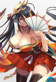 accessoire de cheveux,ahoge,azur lane,bas,cheveux brun,choker,cleavage,couette,fille anime,gros seins,habits japonais,kimono,mèche entre les yeux,non-nude,seins énormes,sourire,taihou (azur lane),tire la langue,yeux rouge