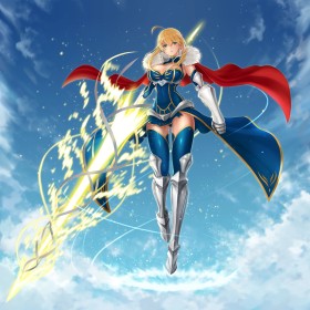 ahoge,arme,armure,artoria pendragon,bas,cape,cheveux blond,cleavage,dans les airs,fate (series),fille anime,lance,non-nude,yeux vert