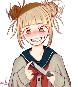 arme,cheveux blond,cheveux court,chignon,double chignon,fille anime,frange,himiko toga,my hero academia,non-nude,rougeur,sang,serafuku,sourire,uniforme scolaire,yeux jaune