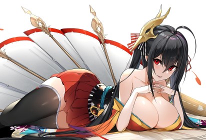 accessoire de cheveux,ahoge,azur lane,bas,cheveux brun,cleavage,couette,fille anime,frange,gros seins,habits japonais,jupe,kimono,masque,mèche entre les yeux,mini jupe,non-nude,rougeur,ruban à cheveux,seins énormes,sourire,taihou (azur lane),très long cheveux,yeux rouge