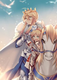 2 filles,ahoge,armure,artoria pendragon,cape,cheveux blond,fate (series),fille anime,groupe de filles,mère et fille,mordred (fate),non-nude,sourire,yeux vert