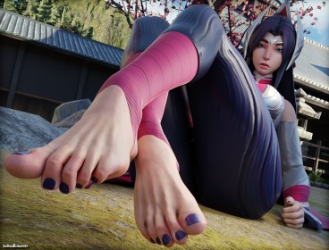 3d,sitting,black hair,outdoors,toes,foot fetish,anime girls,thick thighs,headgear,irelia xan,crossed legs,league of legends,non-nude,feet,barefoot,toenail polish,blue eyes