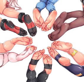 5 girls or more,angewomon,thighhighs,socks,crossover,dead or alive,digimon,fatal fury,fate (series),foot fetish,anime girls,multiple girls,ishtar (fate),king of fighters,mai shiranui,nami (one piece),nier (series),non-nude,one eye closed,okita souji,one piece,shiny skin,feet,foot focus,barefoot,soles,no face,yorha 2b