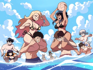 5 filles ou plus,5 hommes ou plus,à la plage,accessoire de cheveux,anya forger,ballon,barrette,bikini,bronzée,chainsaw man,cheveux blond,cheveux brun,cleavage,crossover,cuisses,dans l'eau,dehors,denji,fille anime,groupe de filles,groupe de garçons,kitagawa marin,komi shouko,komi-san wa komyushou desu,my dress up darling,nagatoro hayase,non-nude,please don't bully me nagatoro,power (chainsaw man),sourire,spy x family,tadano hitohito,yor briar