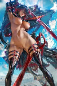 cheveux brun,cheveux court,cornes,cuisses,debout,fille anime,gants,gros seins,grosses cuisses,kill la kill,matoi ryuuko,nue,poils pubiens,tétons,vagin,yeux bleu