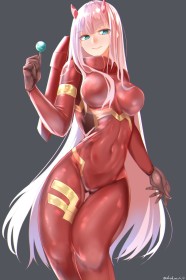 cheveux rose,combinaison,cornes,darling in the franxx,fille anime,frange,non-nude,sucette,yeux turquoise,zero two