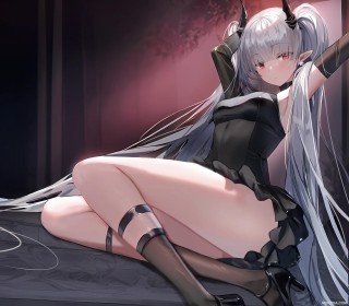 arknights,sitting,silver hair,horns,twintails,thighs,anime girls,bangs,non-nude,dress,high heels,very long hair