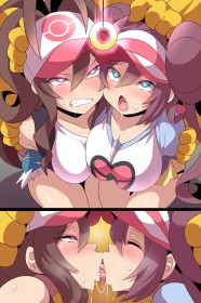 2 filles,ahegao,baiser,bave,chapeau,cheveux chatain,colère,dents serrées,double chignon,femme soumise,fille anime,french kiss,goutte de sueur,gros seins,groupe de filles,hilda (pokemon),hypno,multiples vues,nintendo,pokemon,queue de cheval,rosa (pokemon),rougeur,salive,soumission,yuri