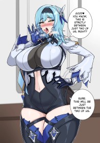 accessoire de cheveux,bas,cheveux bleu,courbée,cuisses,eula (genshin impact),fille anime,gants,genshin impact,geste de fellation,gros seins,grosses cuisses,hanches larges,main sur la hanche,rougeur,seins énormes,suggestif,texte,tire la langue,yeux jaune