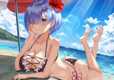 at the beach,hair ornament,bikini,hair flower,blue hair,short hair,cleavage,thighs,ass,outdoors,anime girls,bangs,big tits,wet,non-nude,hair over one eye,sunshade,feet,barefoot,re zero,rem (re zero),blush,smile,on stomach,blue eyes