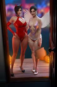 2 girls,3d,ada wong,wings,angel,thighhighs,stockings,fishnet stockings,capcom,brown hair,choker,pumpkin,claire redfield,cleavage,pantyhose,fishnet pantyhose,horns,full body,thighs,standing,demon,anime girls,demon girl,big tits,thick thighs,multiple girls,shiny clothes,halloween,halo,wide hips,legs,leotard,non-nude,small tits,ponytail,resident evil,fishnets,high heels