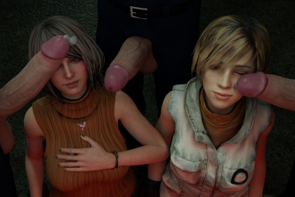 2 filles,3 hommes,3d,à genou,ashley graham,capcom,cheveux blond,cheveux court,entouré de penis,fille anime,fivesome,goutte de sperme,groupe de filles,groupe de garçons,heather mason,orgie,penis,resident evil,sexe en groupe,sperme