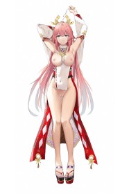 armpits,arms up,pink hair,full body,thighs,standing,toes,anime girls,fox girl,genshin impact,big tits,torn clothes,japanese clothes,legs,hair between eyes,blush,no panties,smile,nipples,thigh gap,very long hair,pussy,shaved,toenail polish,yae miko,purple eyes