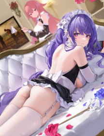 2 filles,accessoire de cheveux,bandeau,bas,bas de lingerie,broche en fleur,canape,cheveux rose,cheveux violet,cuisses,cul,fille anime,frange,gants,gants de coude,genshin impact,groupe de filles,jarretelles,maid,non-nude,pétales,raiden shogun,regarde derrière,robe,seins moyens,sideboob,sur le ventre,tablier,très long cheveux,yae miko,yeux violet