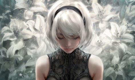 artwork,bandeau,cheveux blanc,cheveux court,fleurs,nier (series),nixeu,personnage feminin,portrait,wallpaper,yeux fermés,yorha 2b