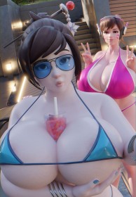 2 filles,3d,accessoire de cheveux,bikini,blizzard entertainment,casque audio,cheveux chatain,cleavage,d.va,double v,duckface,entre les seins,fille anime,gros seins,groupe de filles,lunette de soleil,mei (overwatch),micro bikini,non-nude,ongles longs,overwatch,seins énormes,v,vernis mains