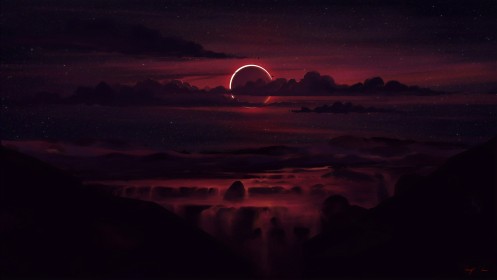 art digital,artwork,ciel,eclipse solaire,environnements,étoiles,lune,nuages,sombre,wallpaper