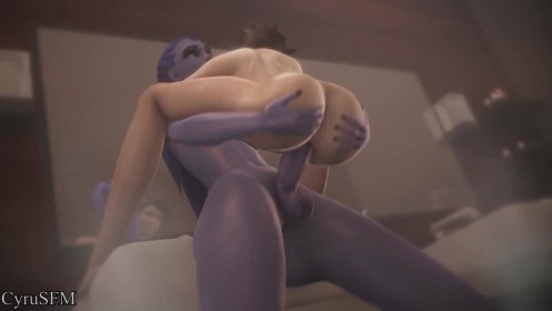 1 futa,blizzard entertainment,cheveux violet,cul,cul saisi,érection,fille anime,futa avec femelle,futanari,grosses cuisses,overwatch,peau violette,penis,position soulevé,sexe,sexe debout,sound,tracer,vaginal,video,widowmaker